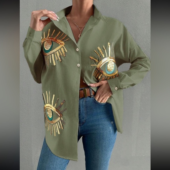 Accessories - Boho blue eye embroidered button down long sleeve shirt